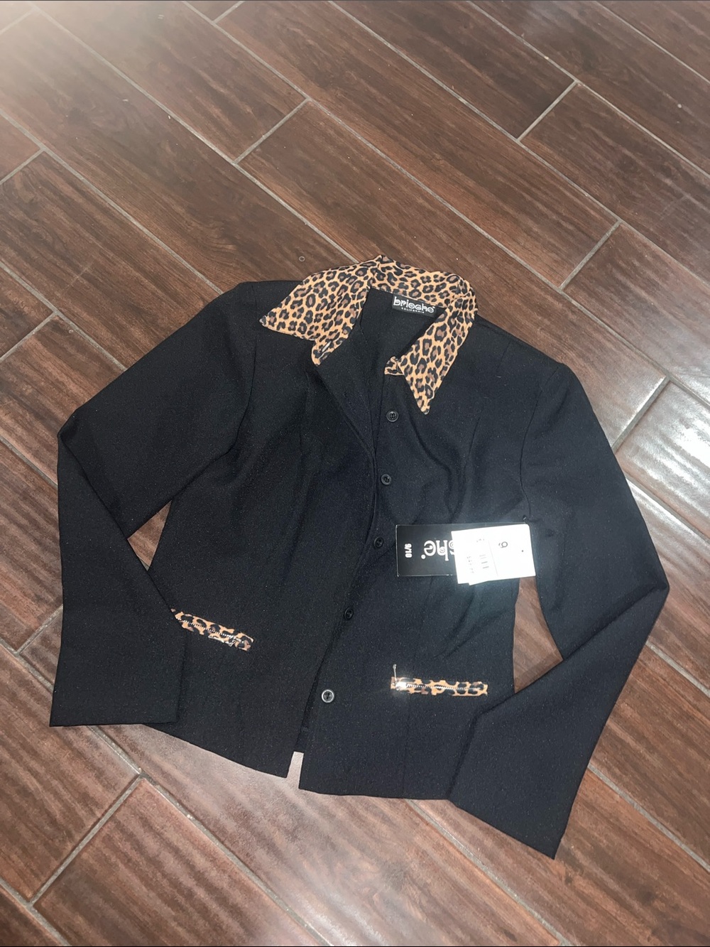 bebe Black Blazer with Leopard-Print Collar and Pocket Trim